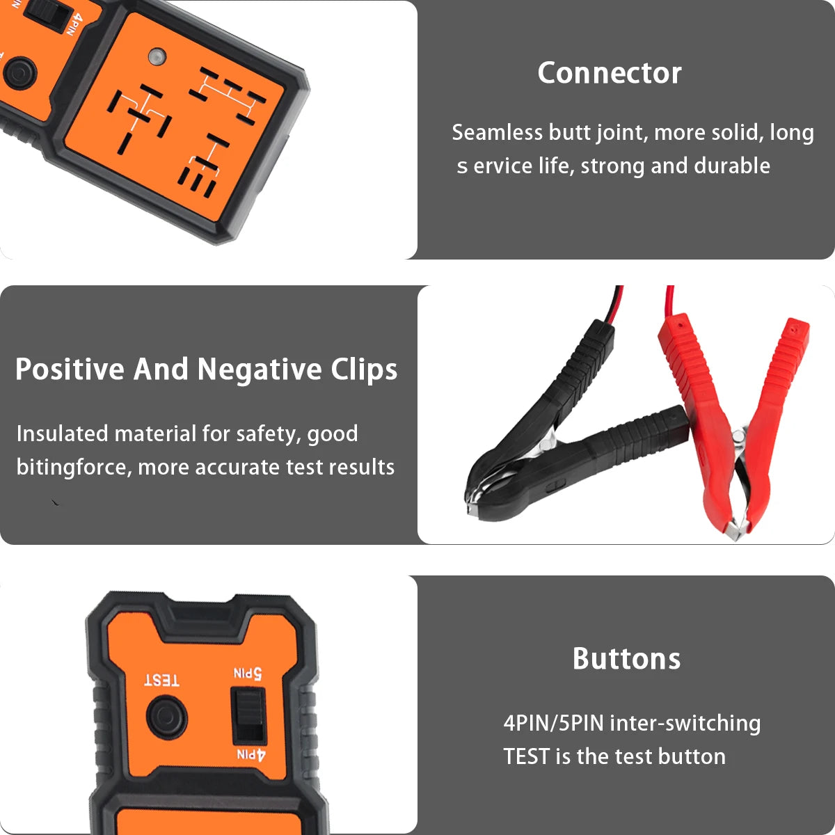 Compact 12V Car Relay Tester with Battery Clips - Easy-To-Use 4-Pin and 5-Pin Relay Tester, Clear Terminal Display, Spdt Switch and Copper Contacts, Hardwired/Battery Powered (Batteries Not Included), Suitable for Electrical