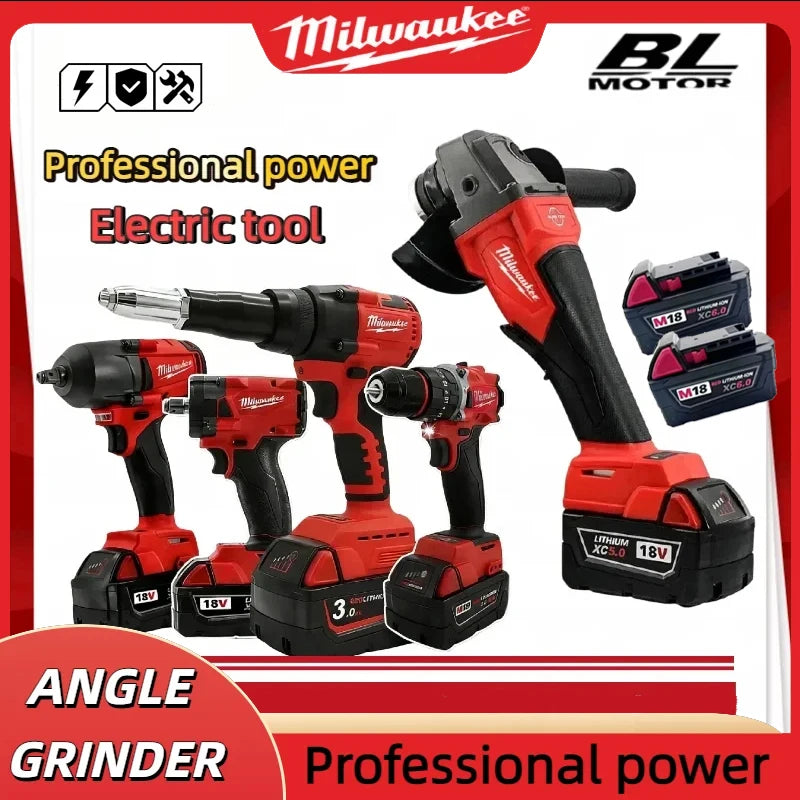Milwaukee Brushless Cordless Electric Impact Hammer Drill Angle Grinder Electric Circular Saw With18v Battery Combo Kits Power