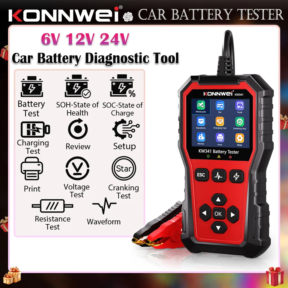 2025 KONNWEI Car Battery Diagnostic Tool 6V-12V-24V Battery Information Viewing Fault Code Clearing Car Battery Charging Scanner