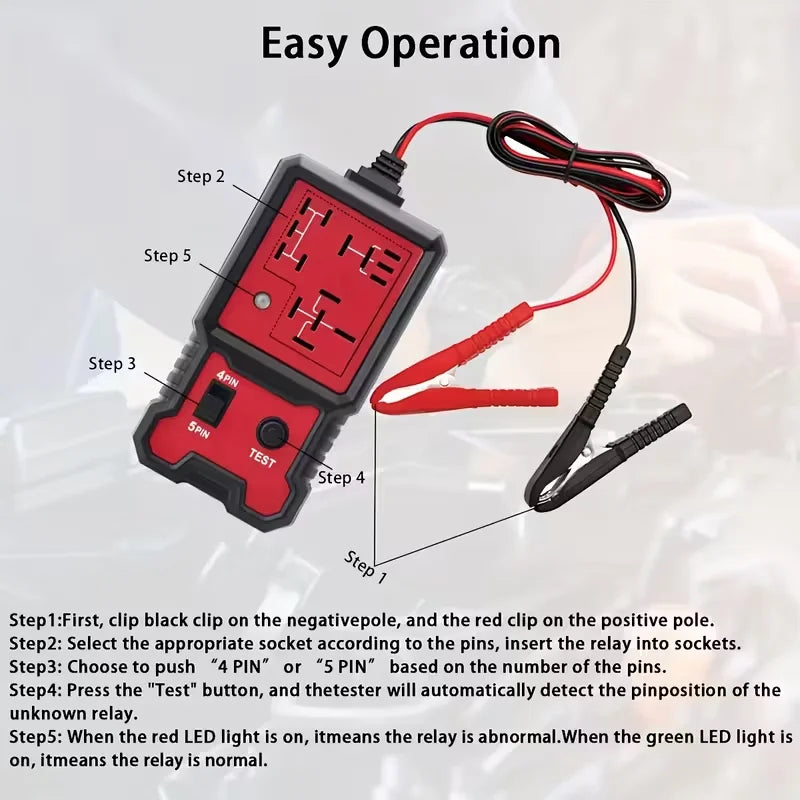 Compact 12V Car Relay Tester with Battery Clips - Easy-To-Use 4-Pin and 5-Pin Relay Tester, Clear Terminal Display, Spdt Switch and Copper Contacts, Hardwired/Battery Powered (Batteries Not Included), Suitable for Electrical