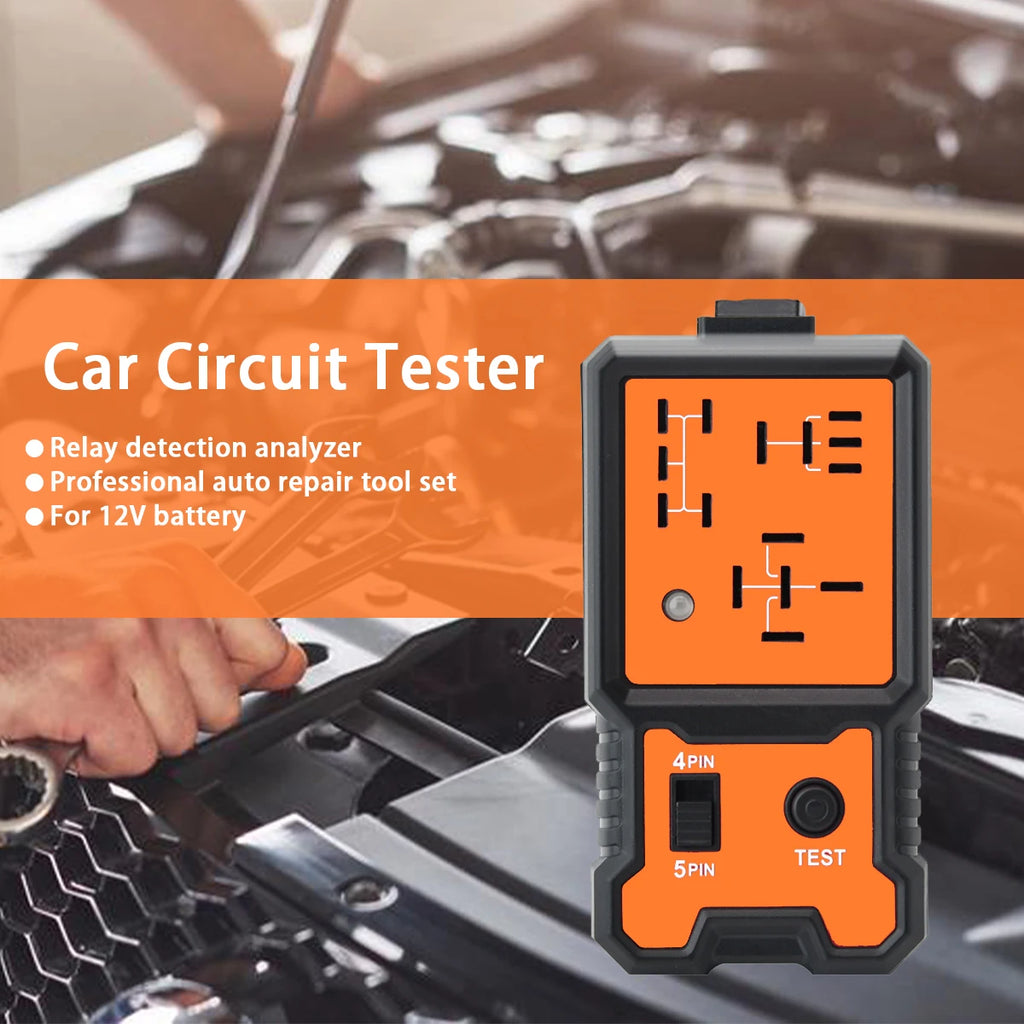 Compact 12V Car Relay Tester with Battery Clips - Easy-To-Use 4-Pin and 5-Pin Relay Tester, Clear Terminal Display, Spdt Switch and Copper Contacts, Hardwired/Battery Powered (Batteries Not Included), Suitable for Electrical