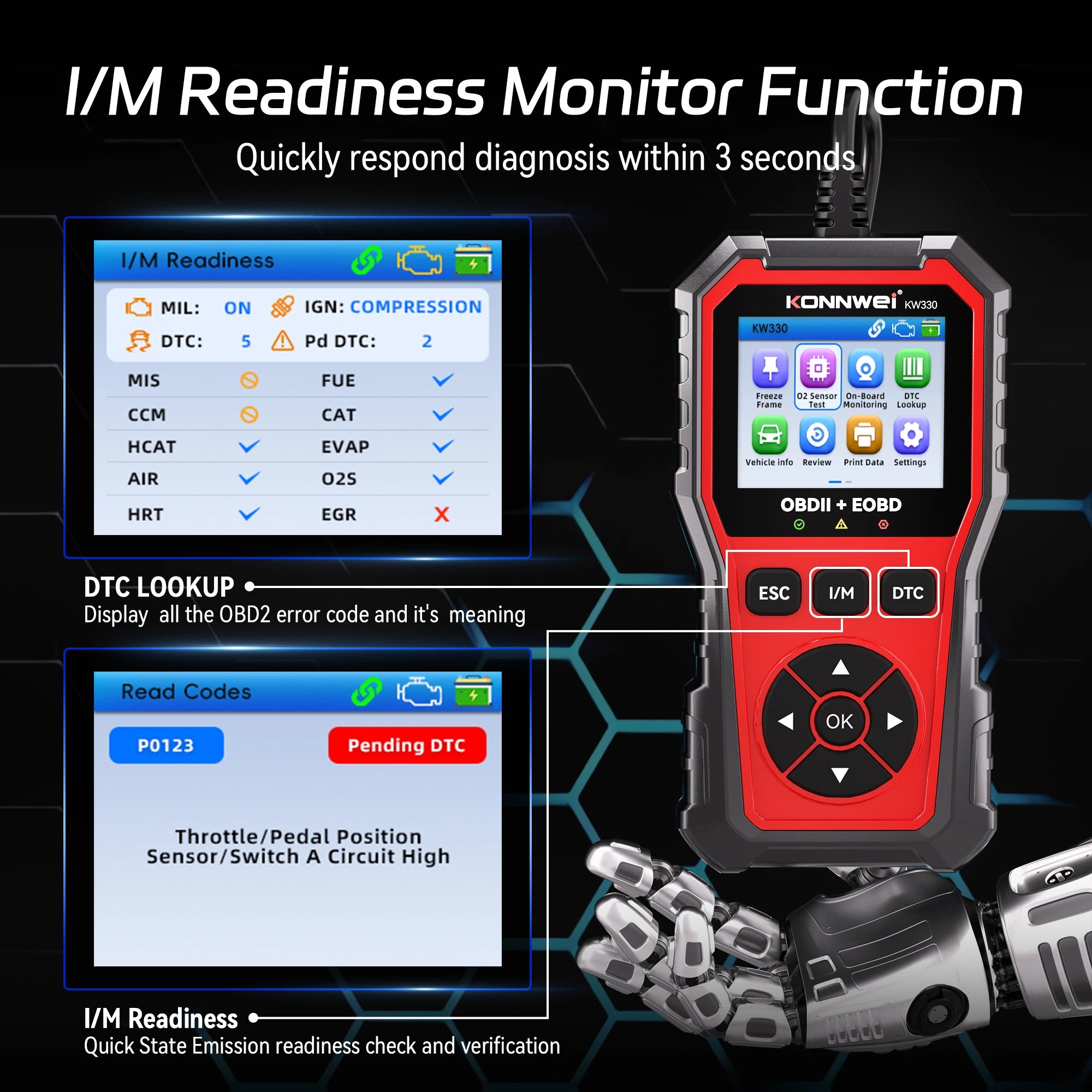 2026 KONNWEI KW330 Car OBD2 Fault Scanner Engine Battery Test  Fault Code Clear Real-Time Data Professional OBD Inspection Tool