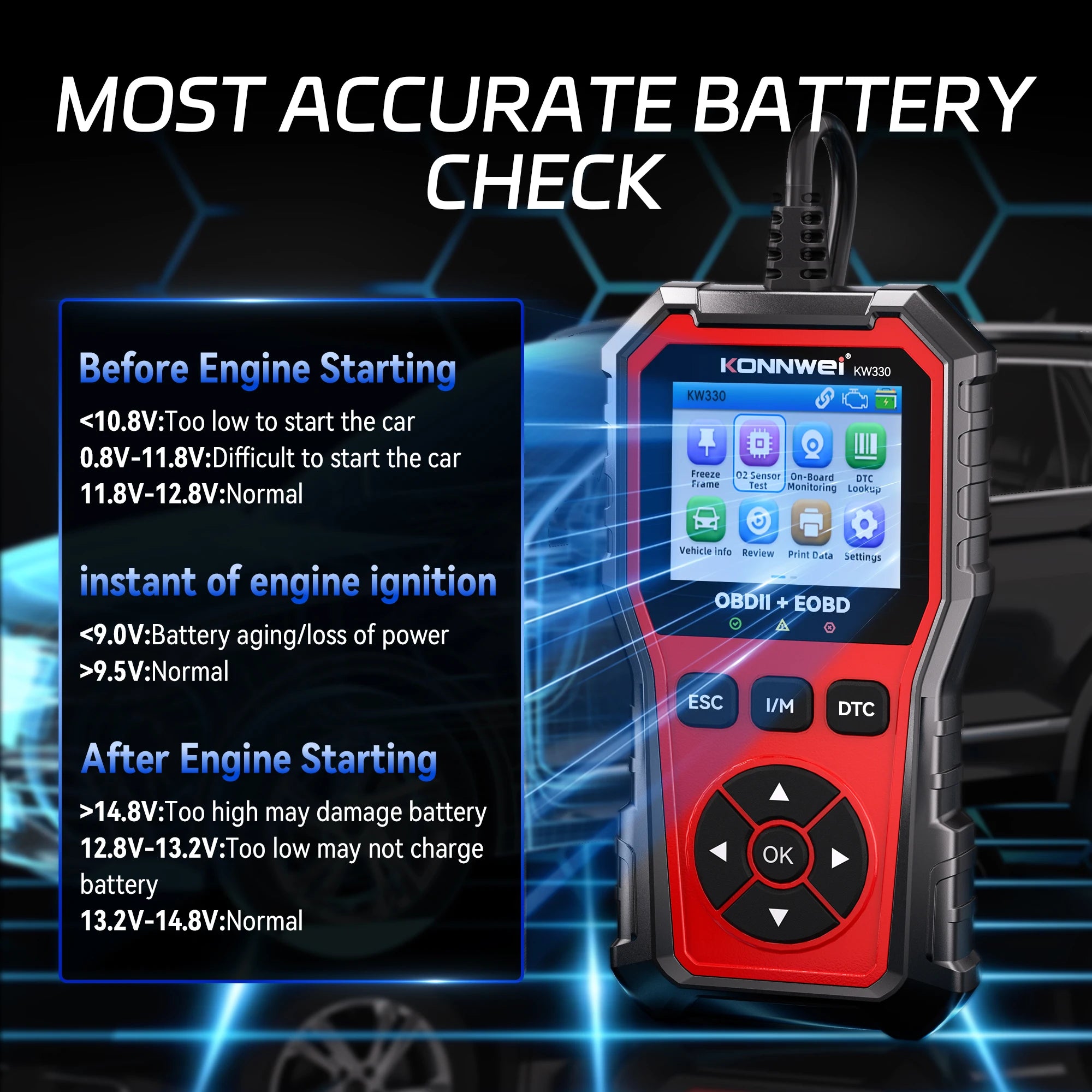 2026 KONNWEI KW330 Car OBD2 Fault Scanner Engine Battery Test  Fault Code Clear Real-Time Data Professional OBD Inspection Tool