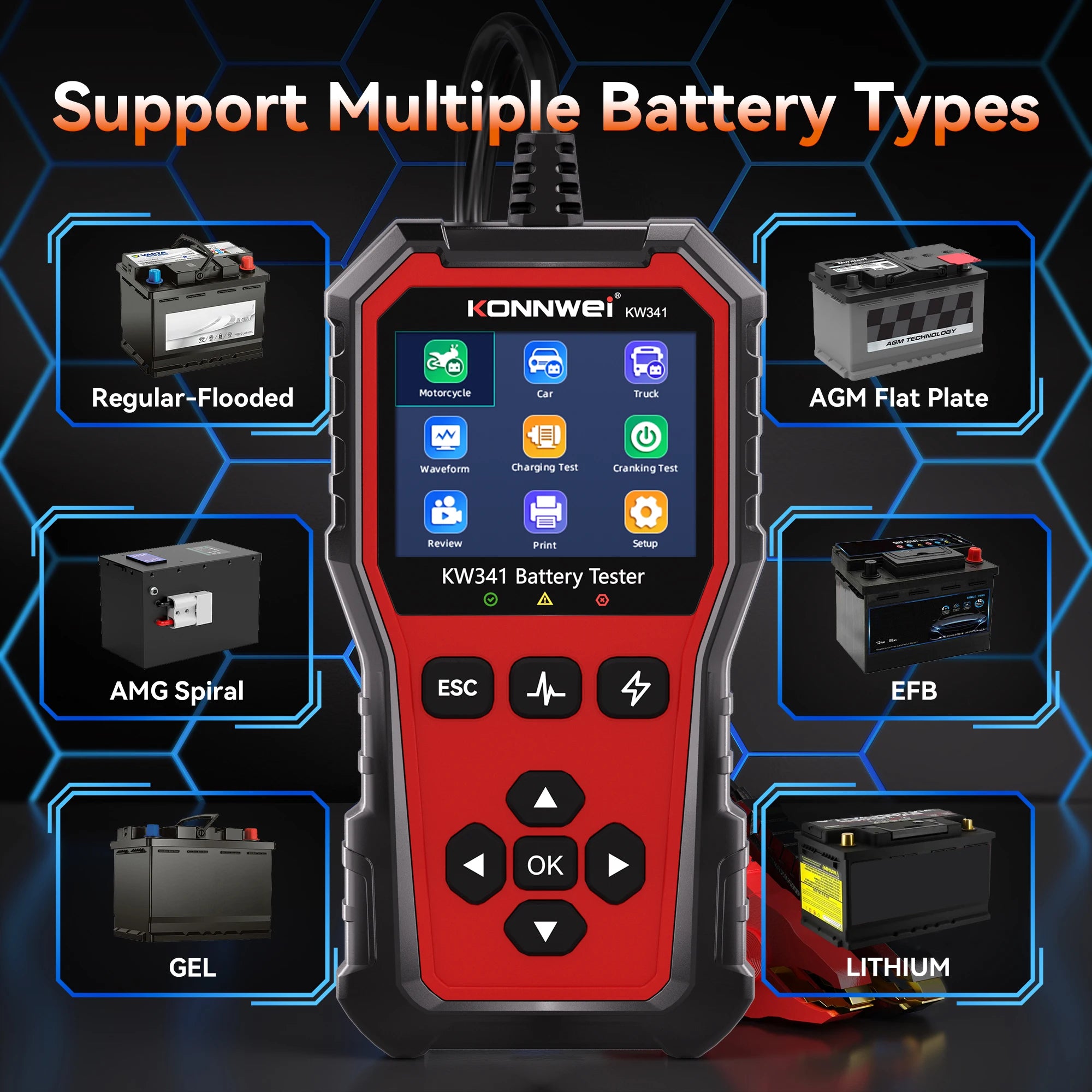 2025 KONNWEI Car Battery Diagnostic Tool 6V-12V-24V Battery Information Viewing Fault Code Clearing Car Battery Charging Scanner