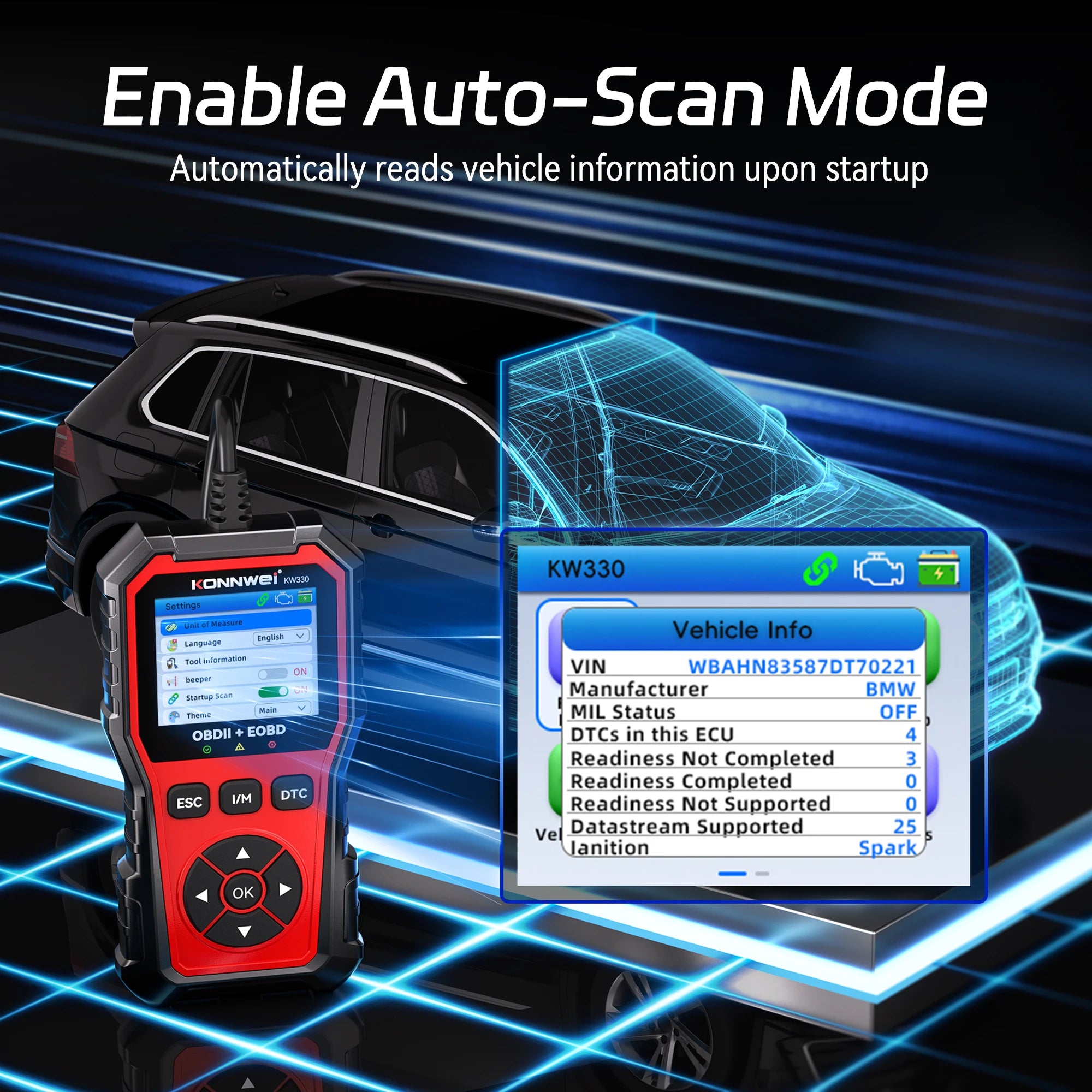 2026 KONNWEI KW330 Car OBD2 Fault Scanner Engine Battery Test  Fault Code Clear Real-Time Data Professional OBD Inspection Tool