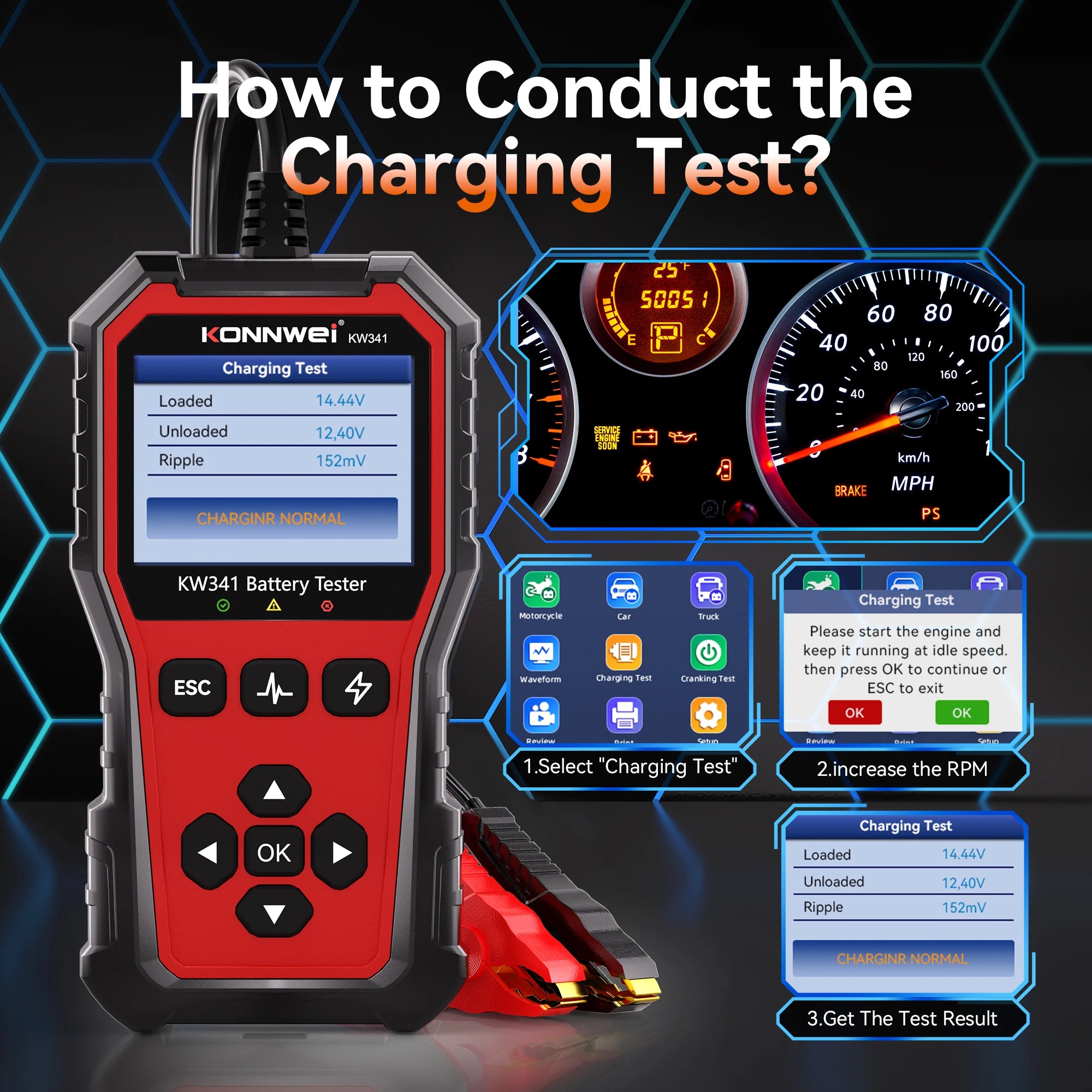 2025 KONNWEI Car Battery Diagnostic Tool 6V-12V-24V Battery Information Viewing Fault Code Clearing Car Battery Charging Scanner