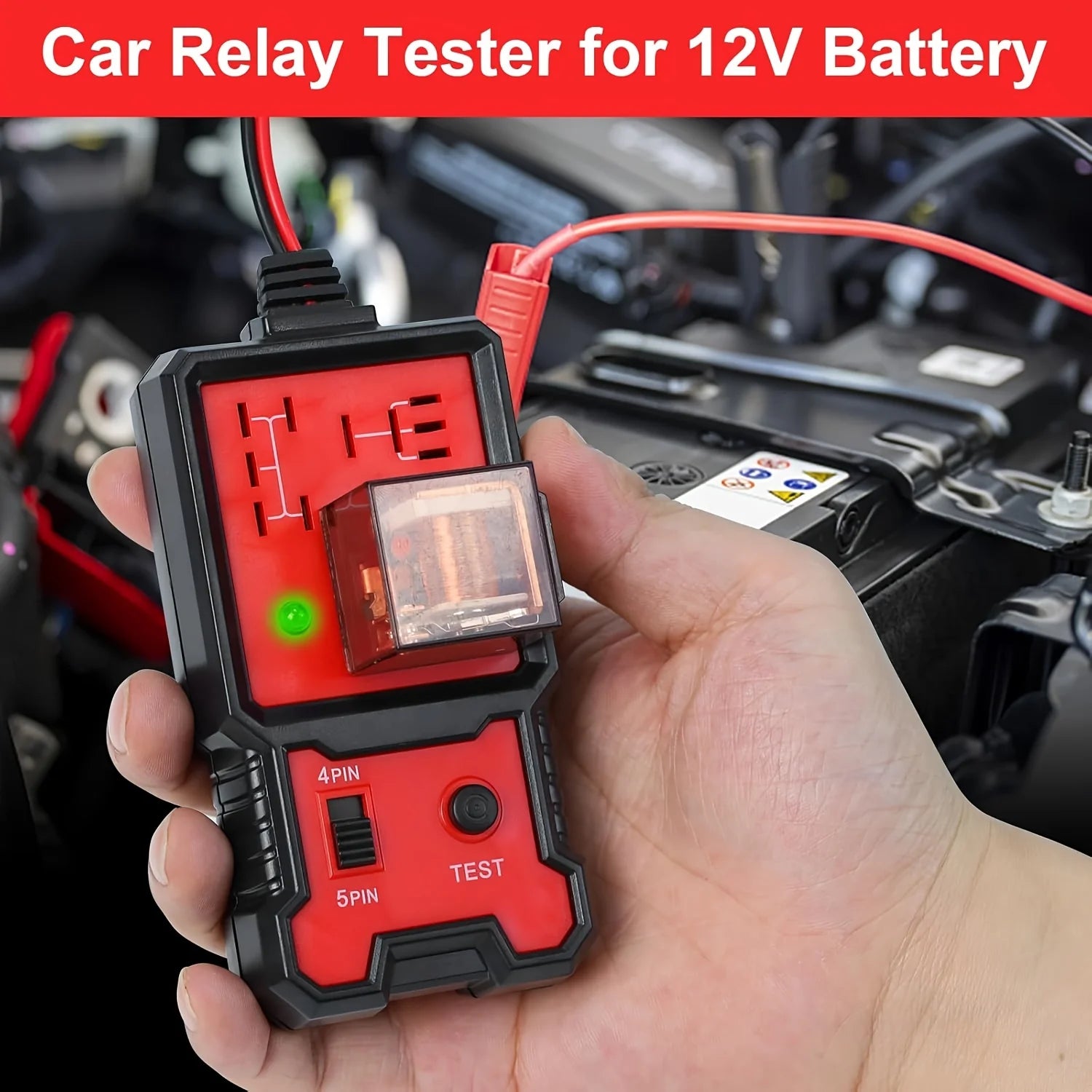 Compact 12V Car Relay Tester with Battery Clips - Easy-To-Use 4-Pin and 5-Pin Relay Tester, Clear Terminal Display, Spdt Switch and Copper Contacts, Hardwired/Battery Powered (Batteries Not Included), Suitable for Electrical
