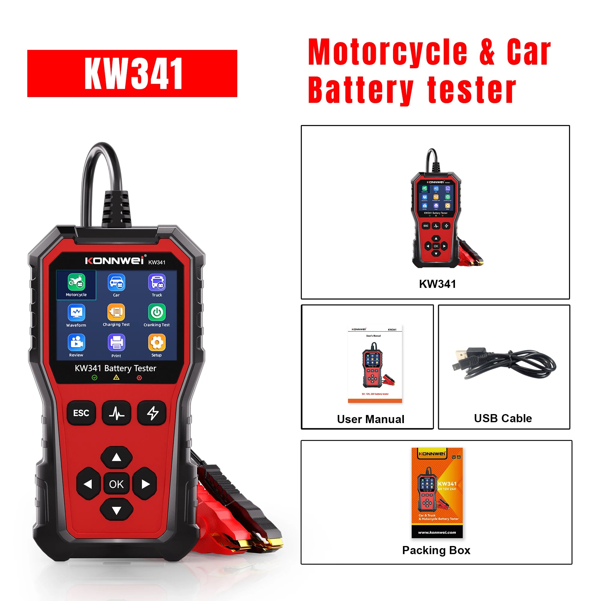 2025 KONNWEI Car Battery Diagnostic Tool 6V-12V-24V Battery Information Viewing Fault Code Clearing Car Battery Charging Scanner