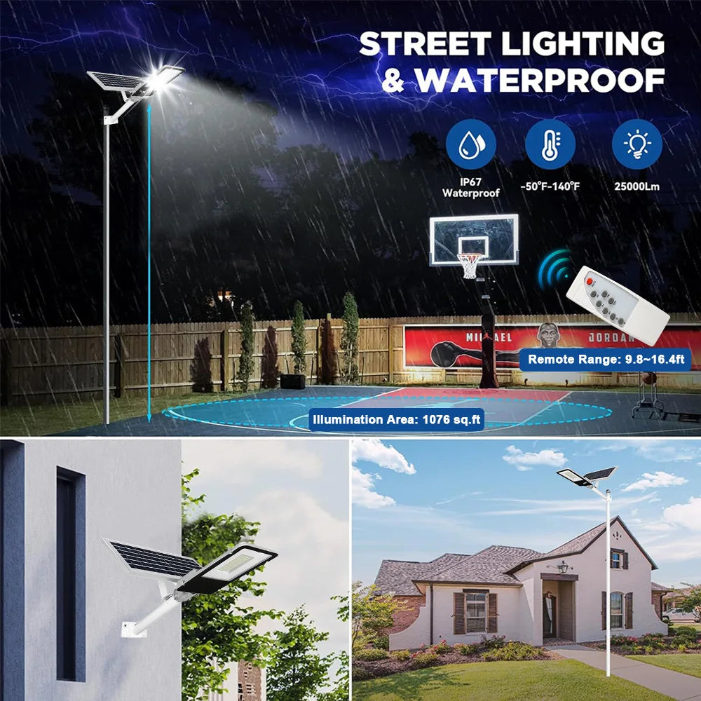 Solar Lights High-Power 6500K LED Dusk to Dawn Waterproof LED Solar Street Light Backyard Street Lamps Security Flood Lighting