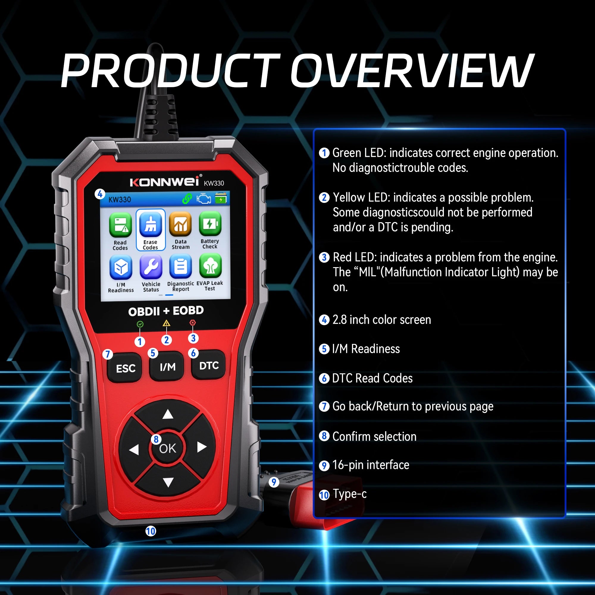 2026 KONNWEI KW330 Car OBD2 Fault Scanner Engine Battery Test  Fault Code Clear Real-Time Data Professional OBD Inspection Tool