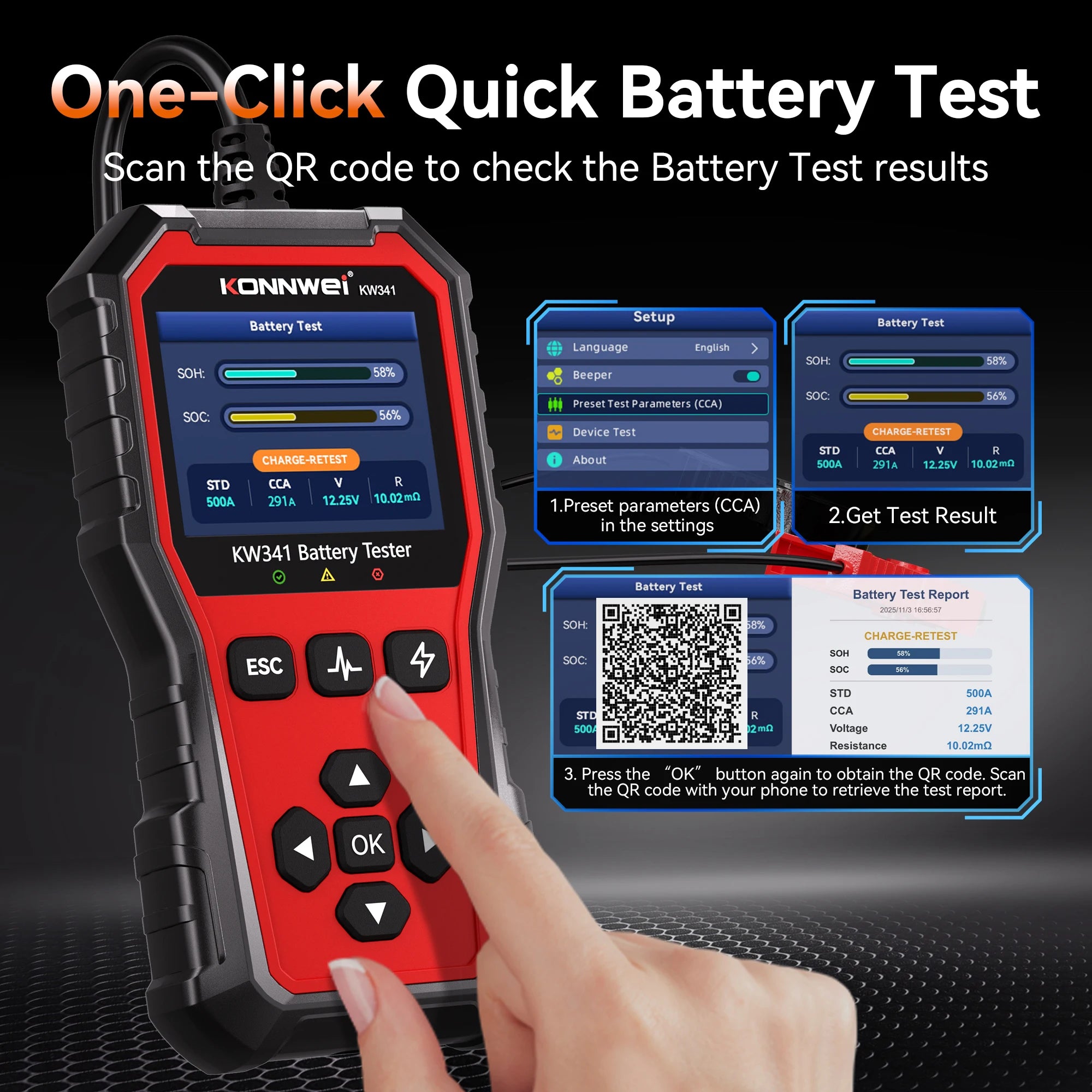 2025 KONNWEI Car Battery Diagnostic Tool 6V-12V-24V Battery Information Viewing Fault Code Clearing Car Battery Charging Scanner