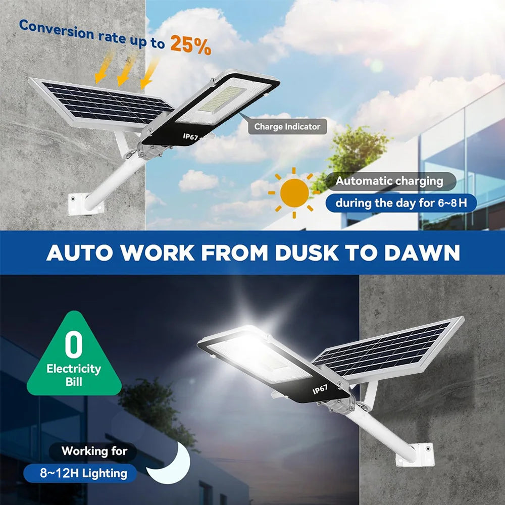 Solar Lights High-Power 6500K LED Dusk to Dawn Waterproof LED Solar Street Light Backyard Street Lamps Security Flood Lighting