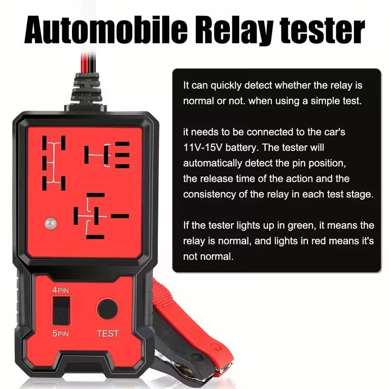 Compact 12V Car Relay Tester with Battery Clips - Easy-To-Use 4-Pin and 5-Pin Relay Tester, Clear Terminal Display, Spdt Switch and Copper Contacts, Hardwired/Battery Powered (Batteries Not Included), Suitable for Electrical