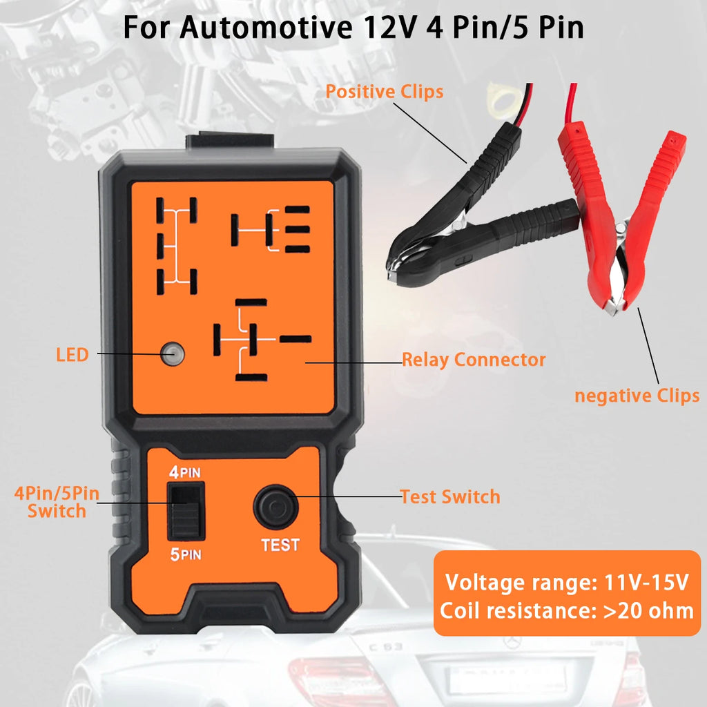 Compact 12V Car Relay Tester with Battery Clips - Easy-To-Use 4-Pin and 5-Pin Relay Tester, Clear Terminal Display, Spdt Switch and Copper Contacts, Hardwired/Battery Powered (Batteries Not Included), Suitable for Electrical