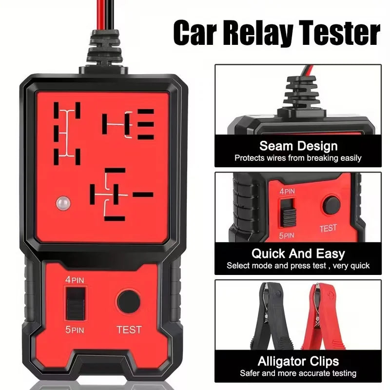 Compact 12V Car Relay Tester with Battery Clips - Easy-To-Use 4-Pin and 5-Pin Relay Tester, Clear Terminal Display, Spdt Switch and Copper Contacts, Hardwired/Battery Powered (Batteries Not Included), Suitable for Electrical