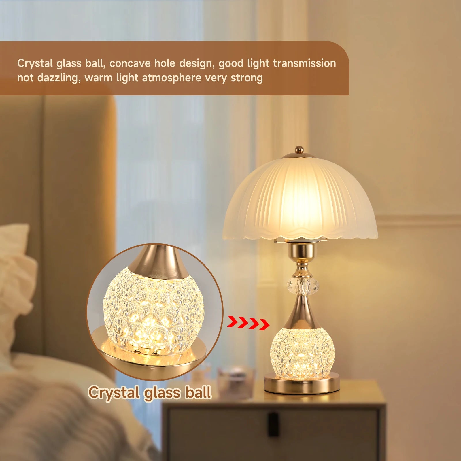 Bedside Table Lamp Petal Light Luxury Crystal Push Button Switch Bedroom Living Room Den Control Dimming Warm Atmosphere Decorat