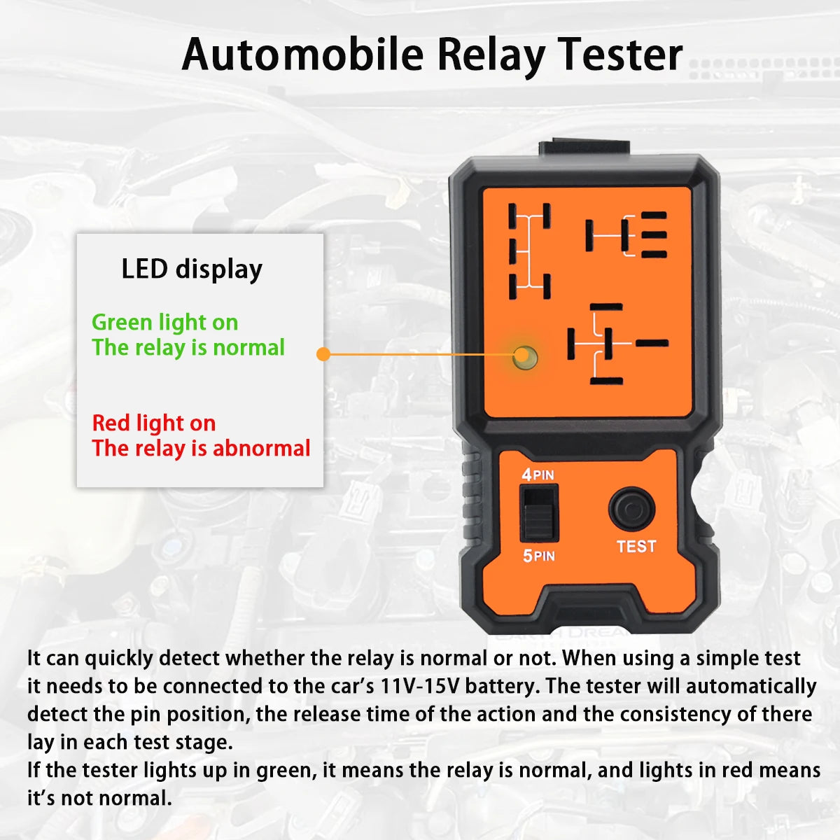 Compact 12V Car Relay Tester with Battery Clips - Easy-To-Use 4-Pin and 5-Pin Relay Tester, Clear Terminal Display, Spdt Switch and Copper Contacts, Hardwired/Battery Powered (Batteries Not Included), Suitable for Electrical