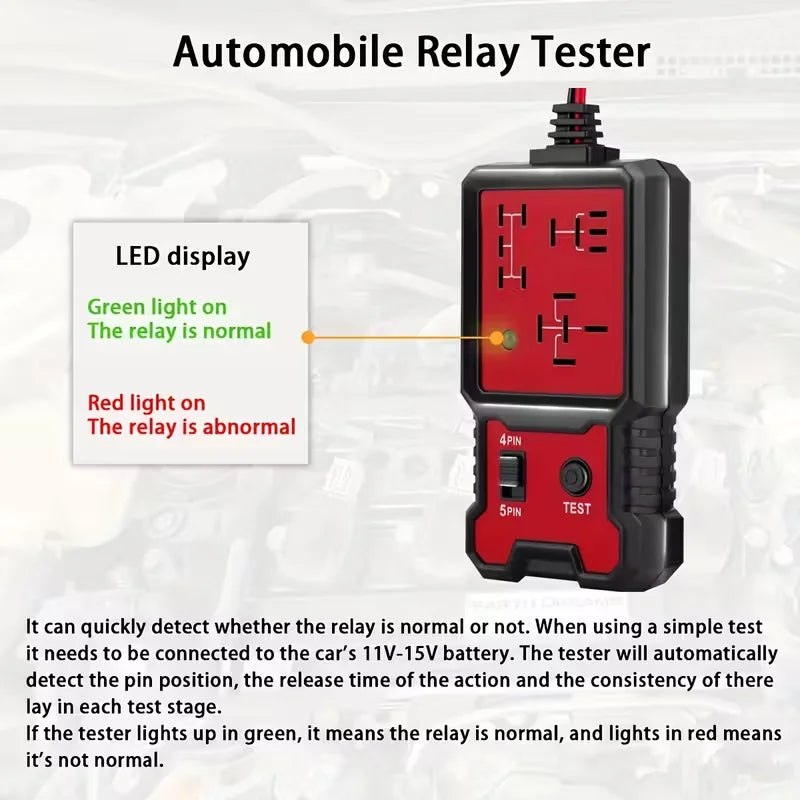 Compact 12V Car Relay Tester with Battery Clips - Easy-To-Use 4-Pin and 5-Pin Relay Tester, Clear Terminal Display, Spdt Switch and Copper Contacts, Hardwired/Battery Powered (Batteries Not Included), Suitable for Electrical