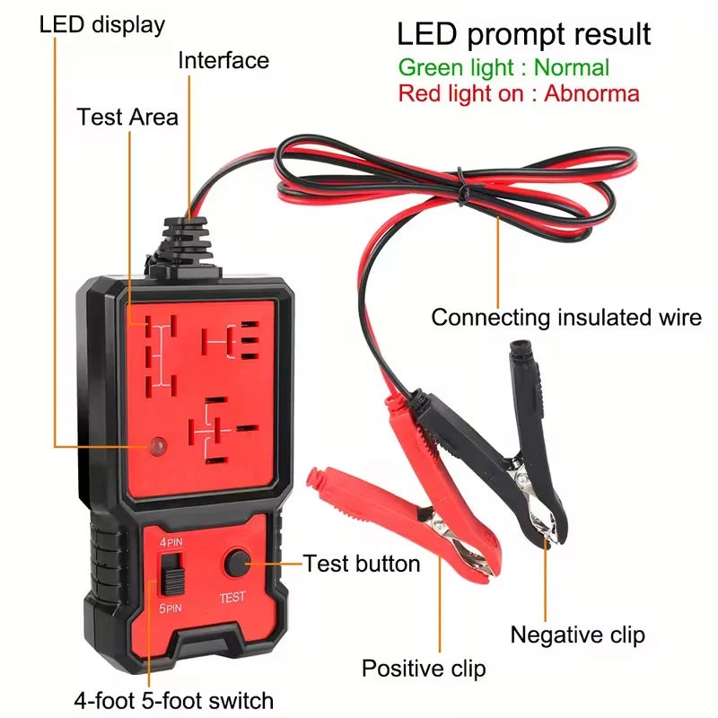 Compact 12V Car Relay Tester with Battery Clips - Easy-To-Use 4-Pin and 5-Pin Relay Tester, Clear Terminal Display, Spdt Switch and Copper Contacts, Hardwired/Battery Powered (Batteries Not Included), Suitable for Electrical