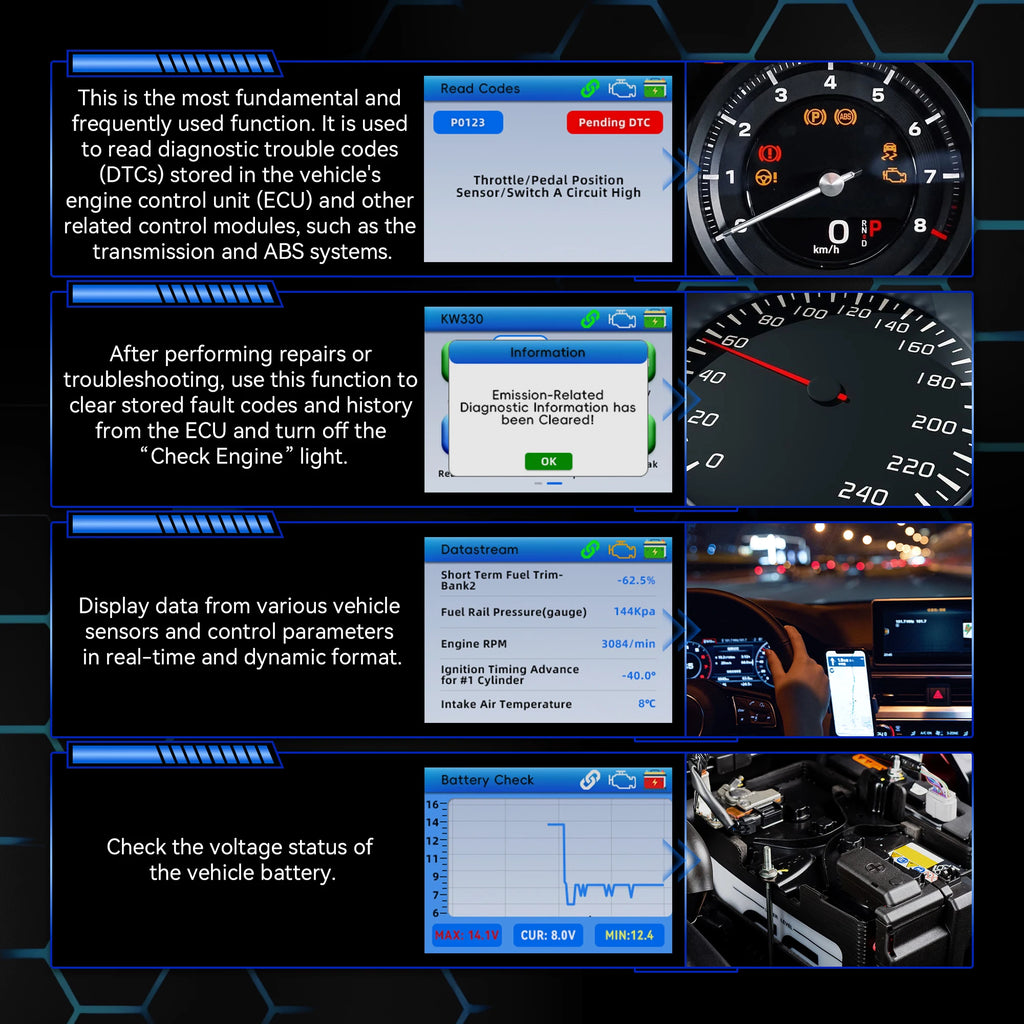 2026 KONNWEI KW330 Car OBD2 Fault Scanner Engine Battery Test  Fault Code Clear Real-Time Data Professional OBD Inspection Tool