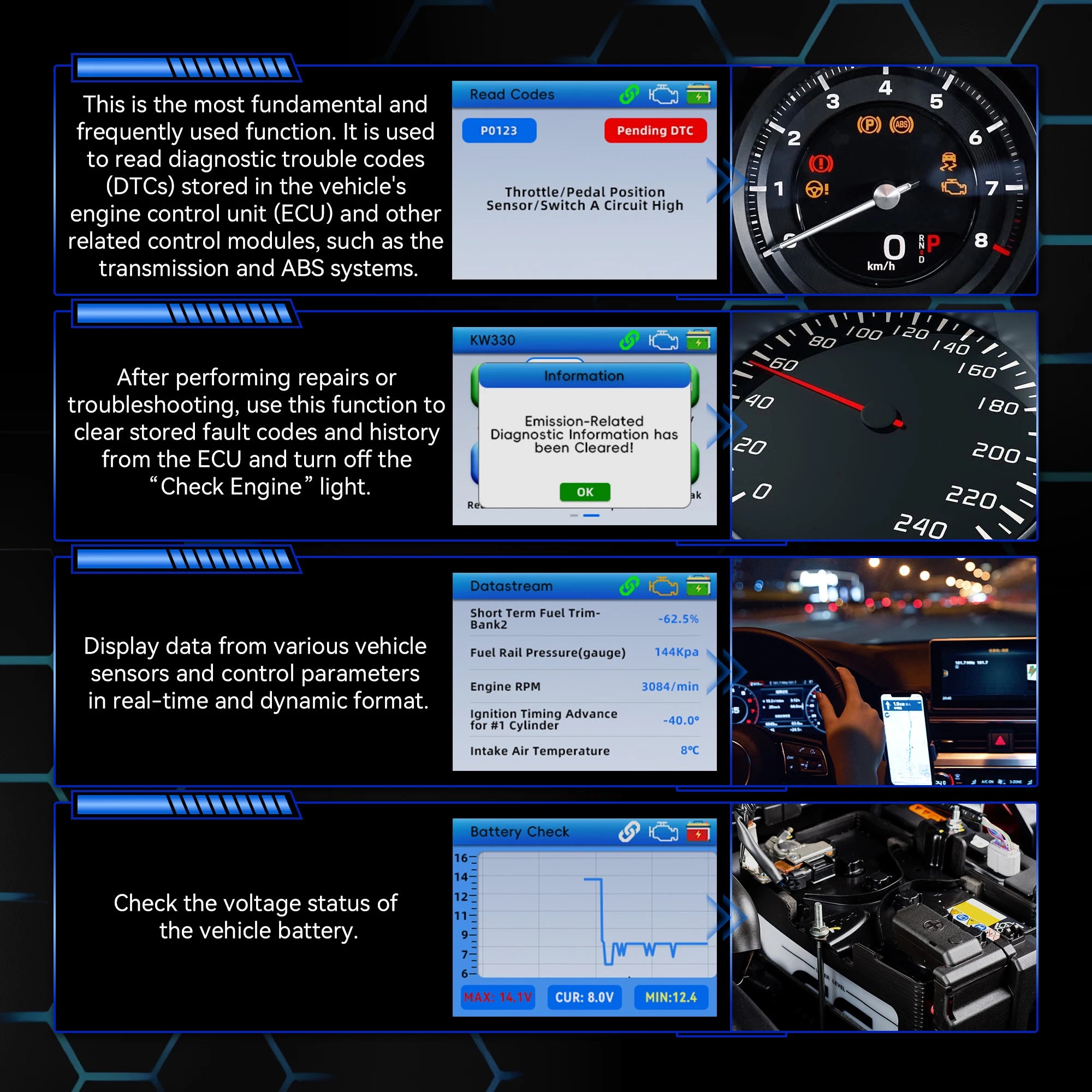 2026 KONNWEI KW330 Car OBD2 Fault Scanner Engine Battery Test  Fault Code Clear Real-Time Data Professional OBD Inspection Tool