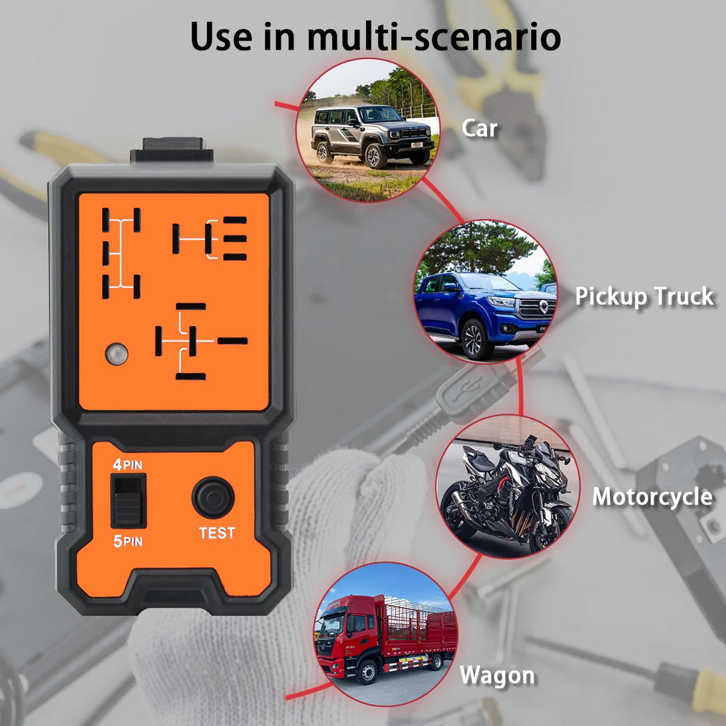 Compact 12V Car Relay Tester with Battery Clips - Easy-To-Use 4-Pin and 5-Pin Relay Tester, Clear Terminal Display, Spdt Switch and Copper Contacts, Hardwired/Battery Powered (Batteries Not Included), Suitable for Electrical