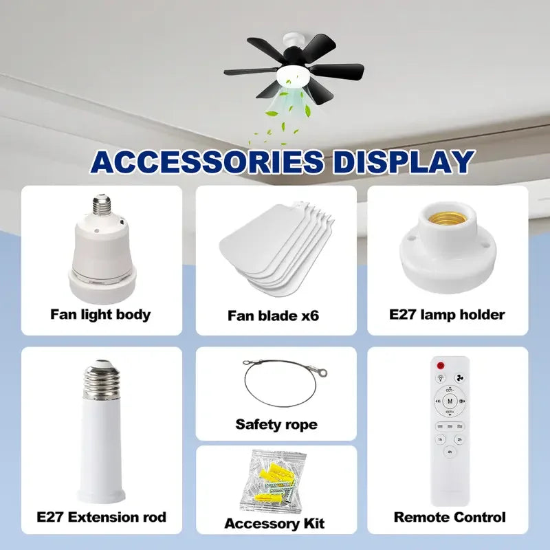 40W Ceiling Fan with Remote Control, E27 Base LED Light Fan, Quiet Smart Ceiling Fan Lamp for Bedroom Living Room Kitchen