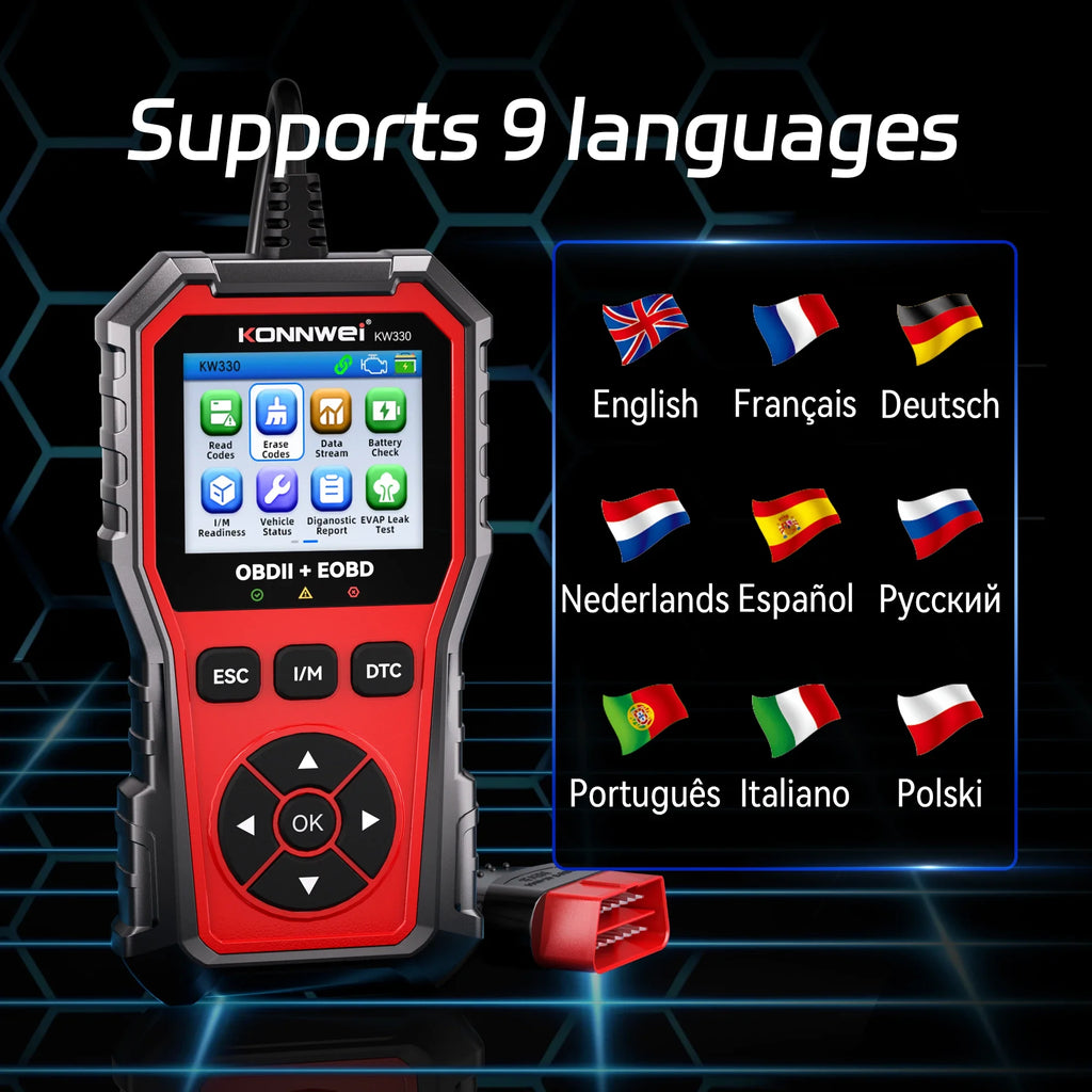 2026 KONNWEI KW330 Car OBD2 Fault Scanner Engine Battery Test  Fault Code Clear Real-Time Data Professional OBD Inspection Tool